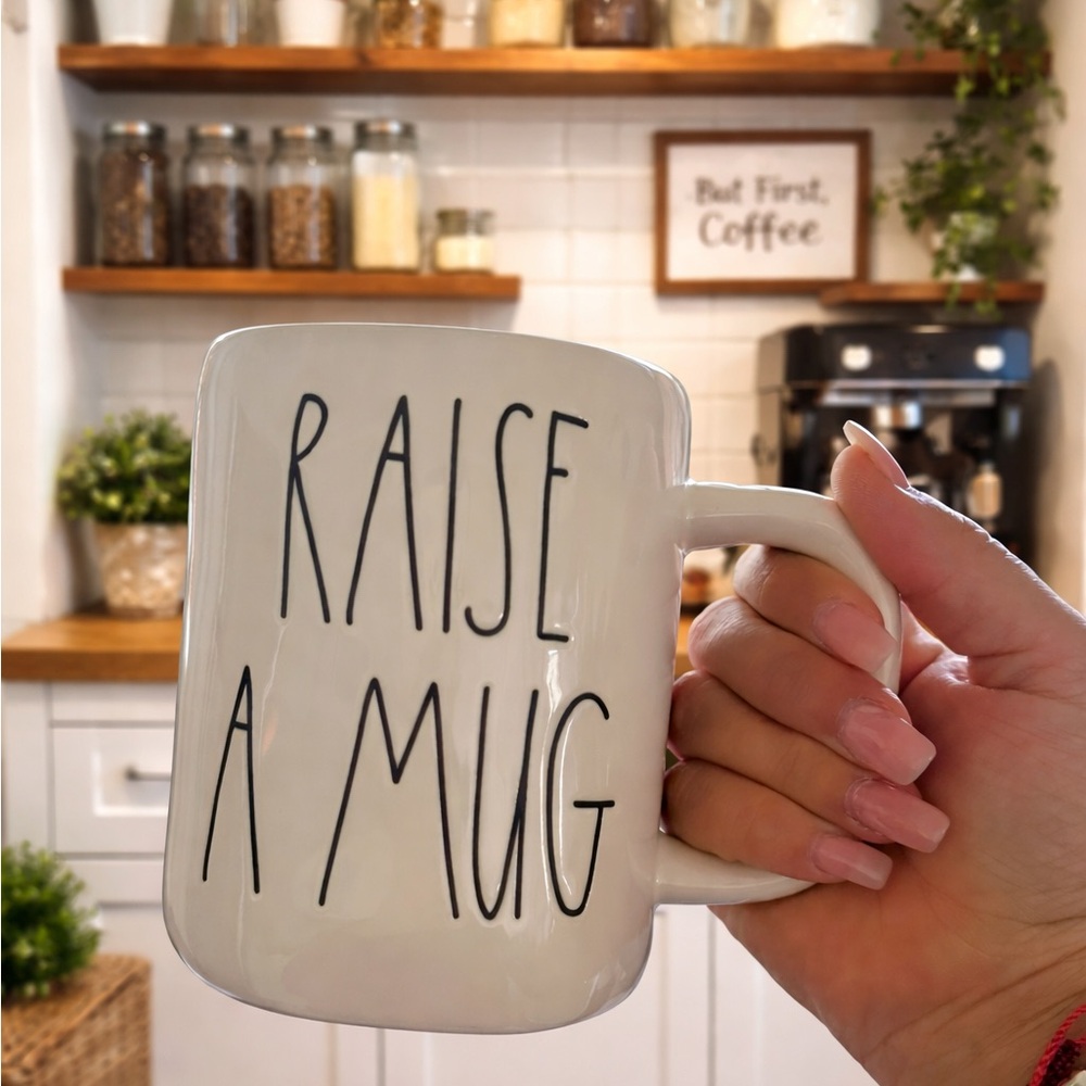Rae Dunn White Mug with Black Lettering "RAISE A MUG" NWT